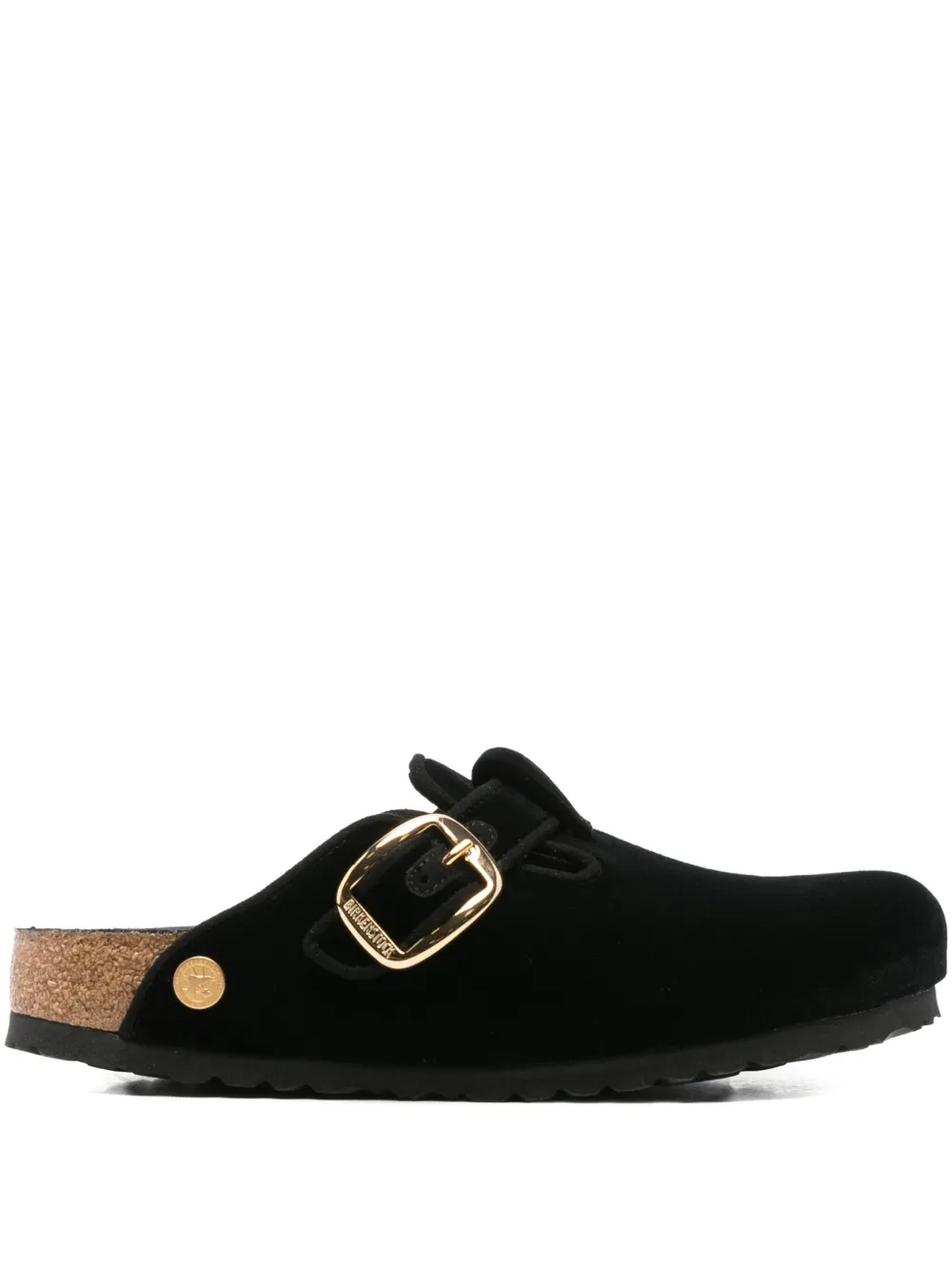 Birkenstock Boston Big Buckle Velvet Mule Shoes In Black