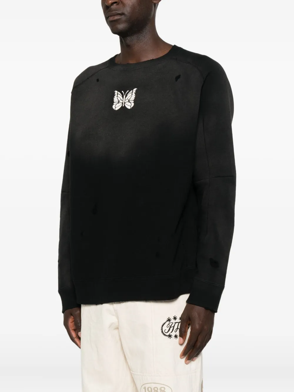 Needles Butterfly-print Distressed-effect Sweatshirt In Black