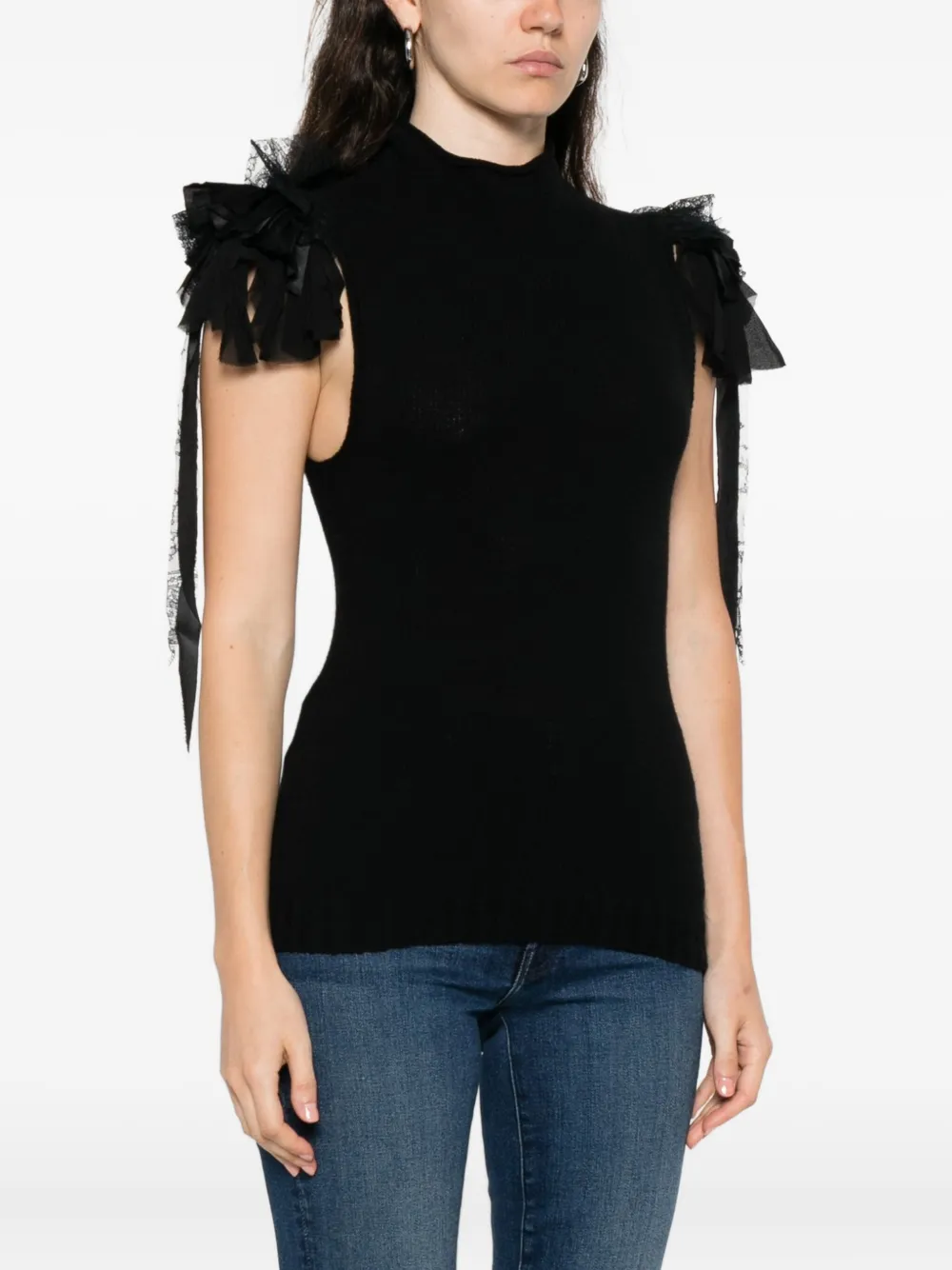 Alberta Ferretti Mock-neck Ruffle-shoulder Cashmere-wool Rib Tank Top In Black