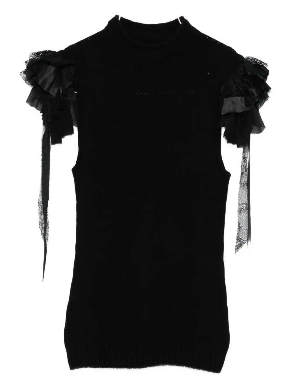 Alberta Ferretti Mock-neck Ruffle-shoulder Cashmere-wool Rib Tank Top In Black