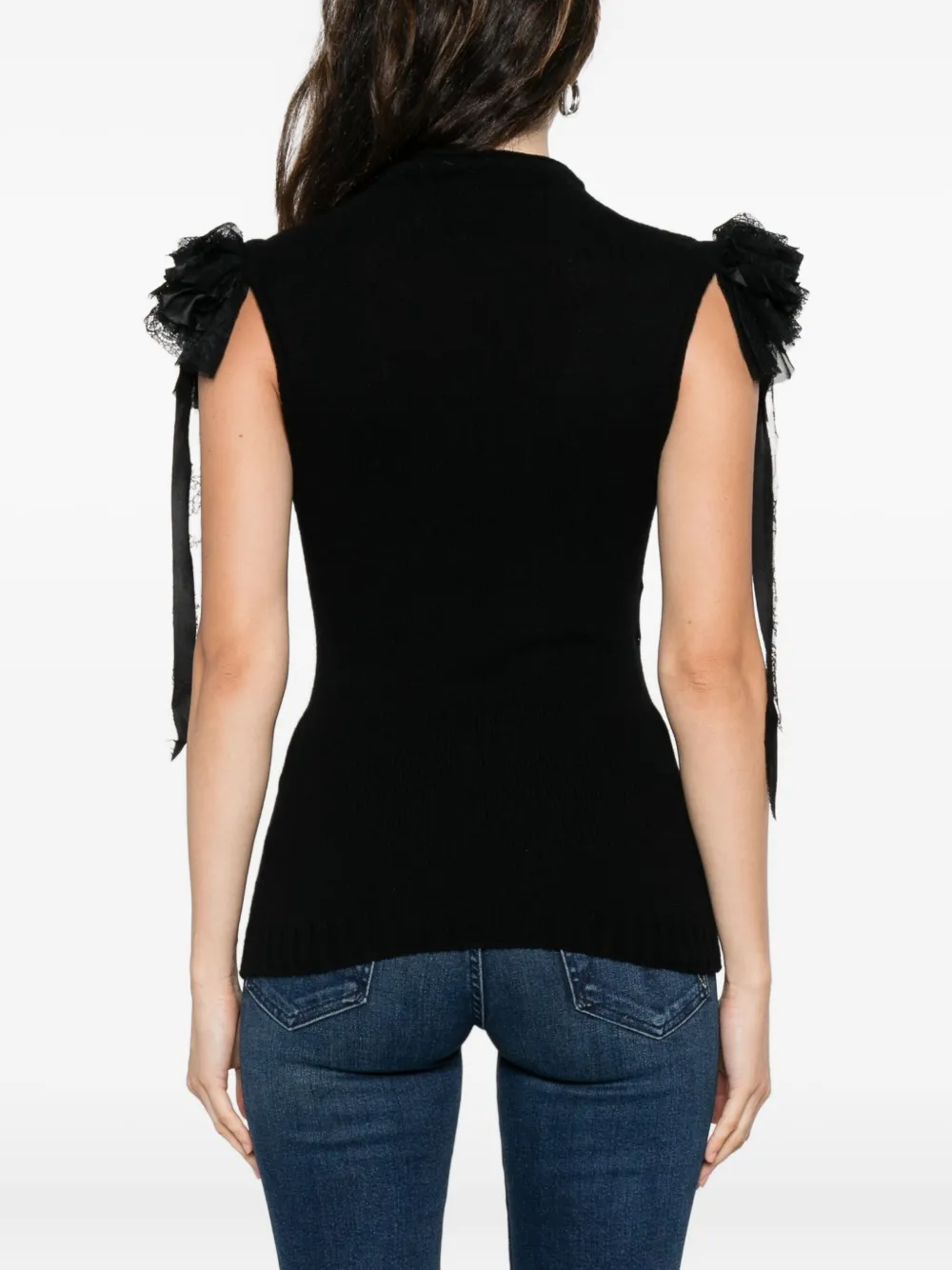 Alberta Ferretti Mock-neck Ruffle-shoulder Cashmere-wool Rib Tank Top In Black