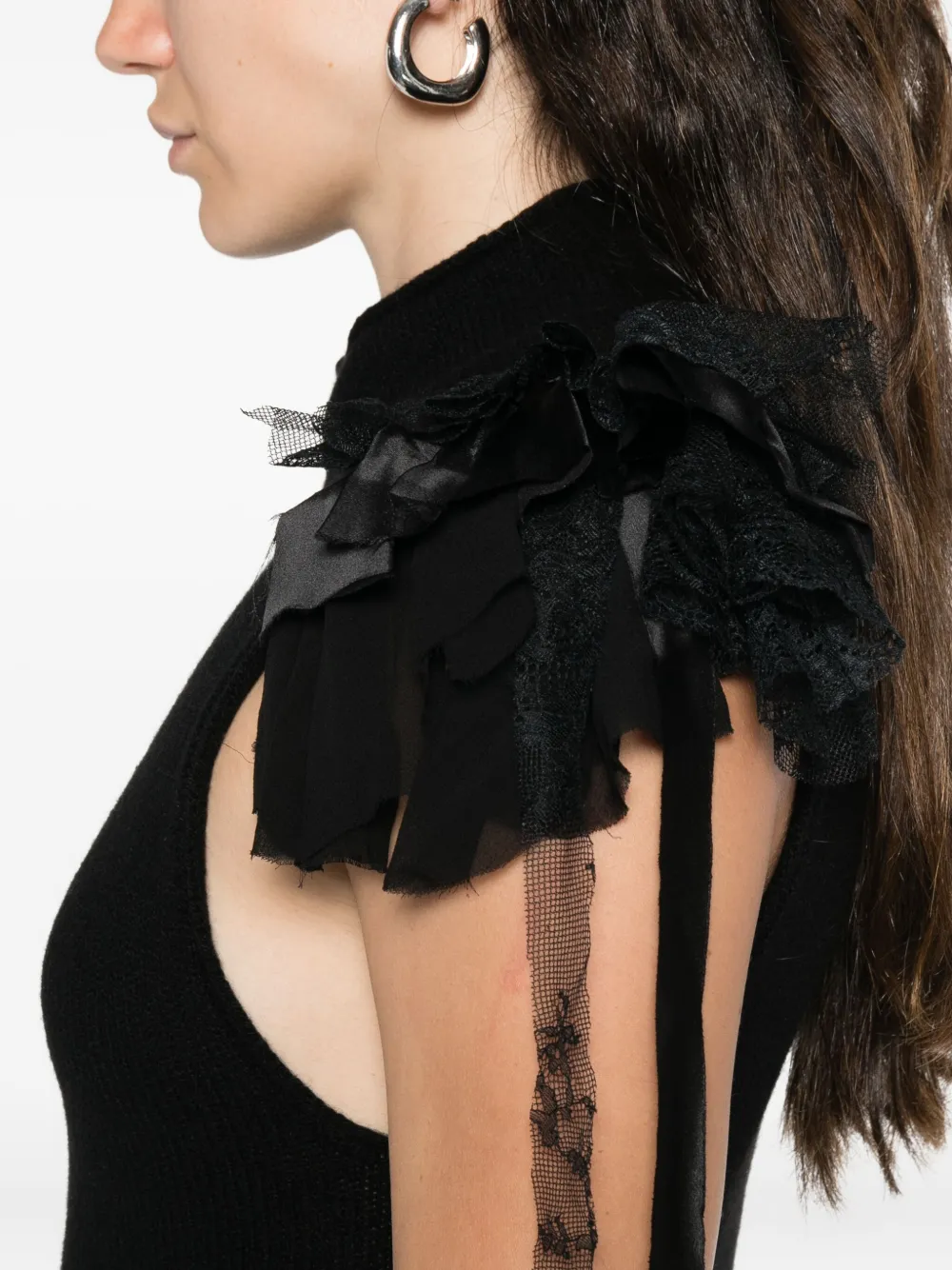Alberta Ferretti Mock-neck Ruffle-shoulder Cashmere-wool Rib Tank Top In Black