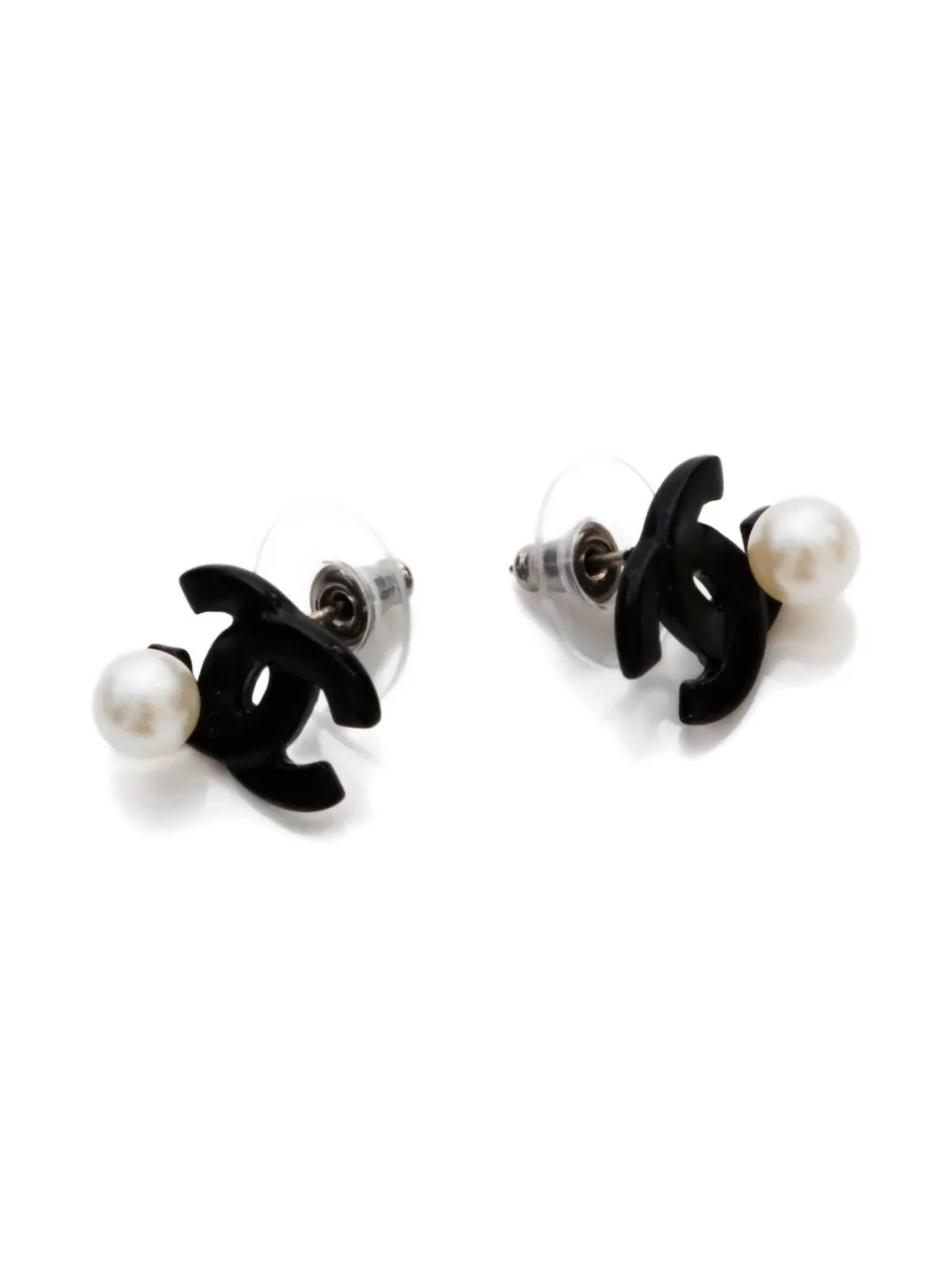Pre-owned Chanel 2005 Interlocking Cc Faux-pearl Earrings In Black