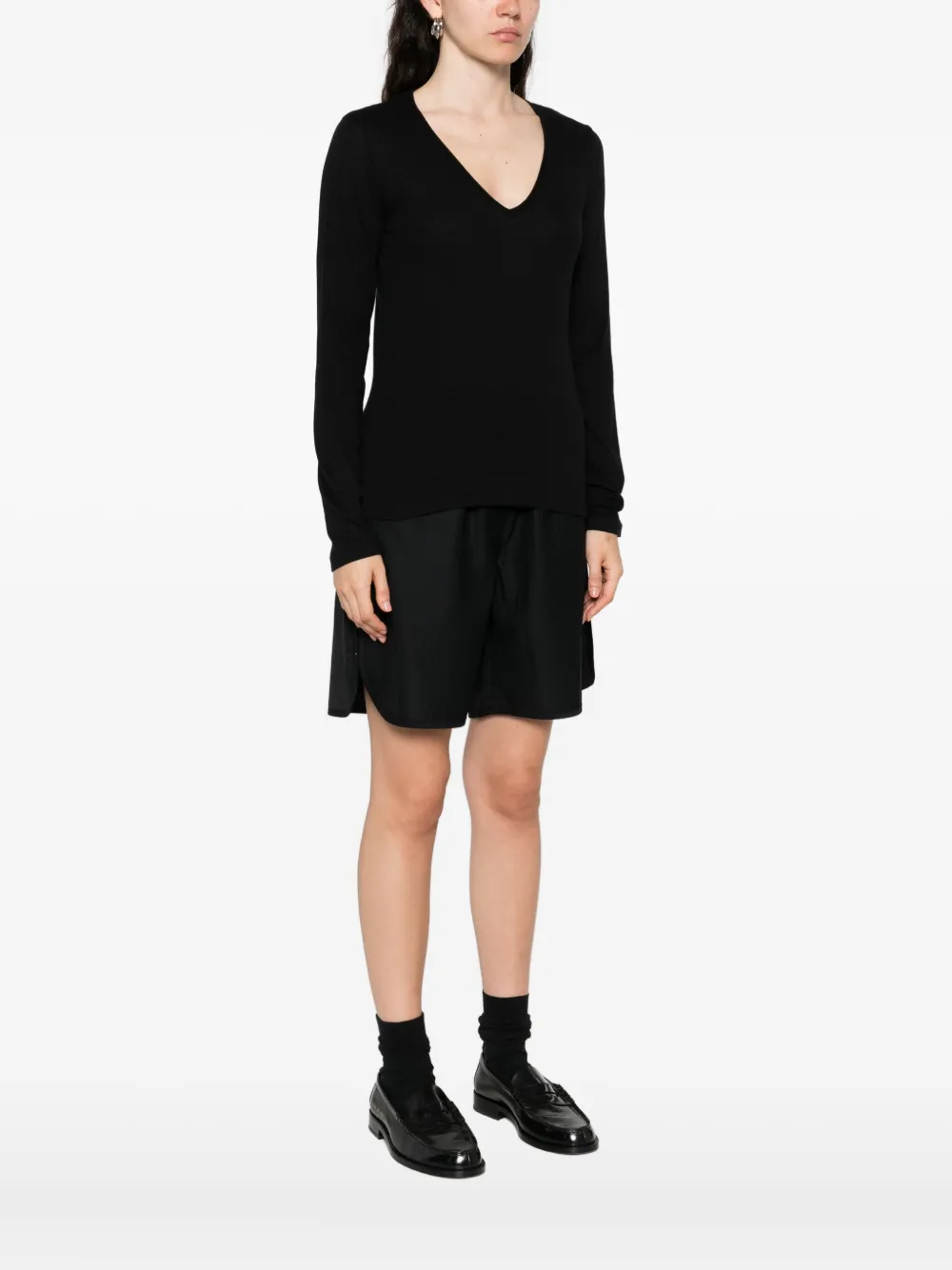Majestic Long-sleeved Black V-neck Sweater In Cotton-cashmere Blend In Black
