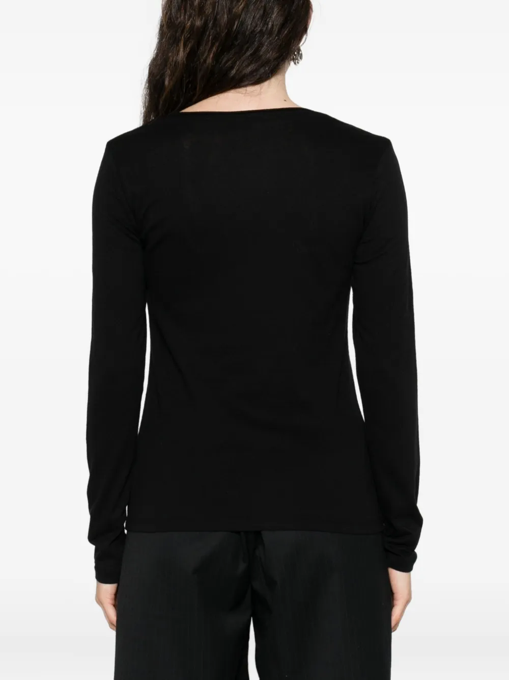 Majestic Long-sleeved Black V-neck Sweater In Cotton-cashmere Blend In Black
