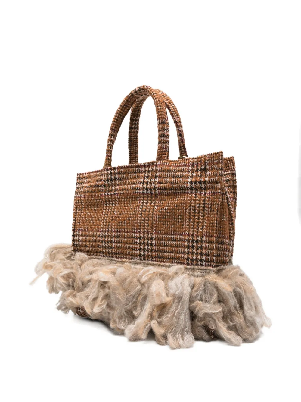 La Milanesa Checked Fringed Tote Bag In Brown
