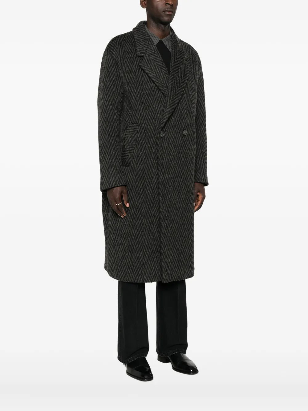 Hevo Double-breasted Herringbone Coat In Black
