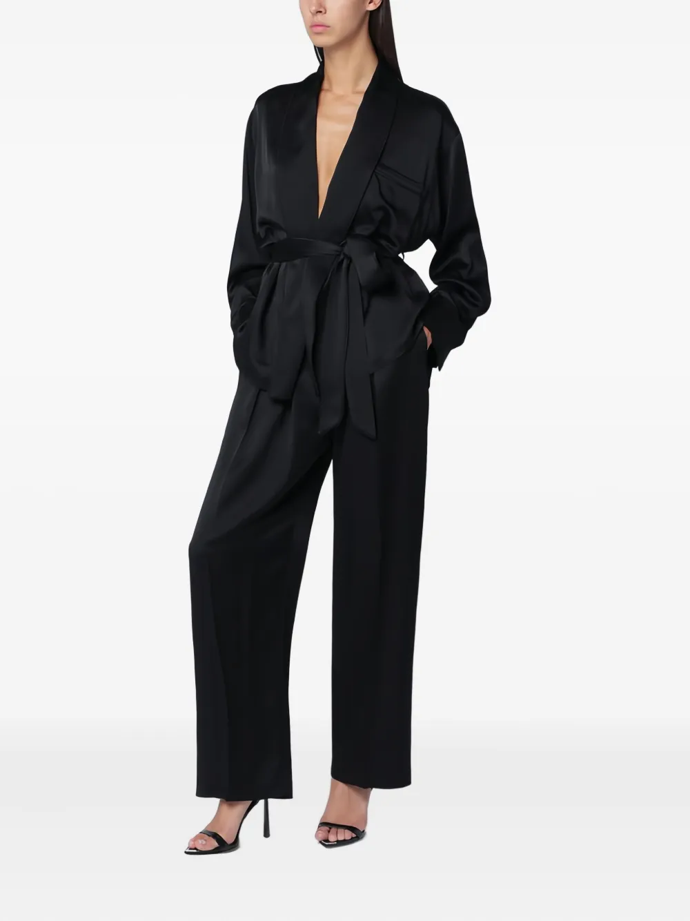 Victoria Beckham Satin Blouse With Belted Waist And Shawl Collar In Black