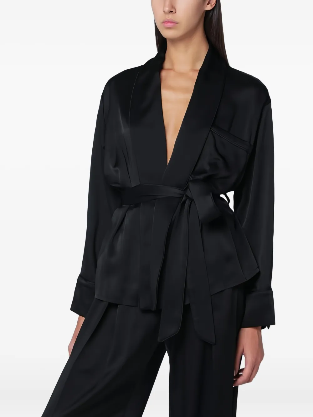 Victoria Beckham Satin Blouse With Belted Waist And Shawl Collar In Black