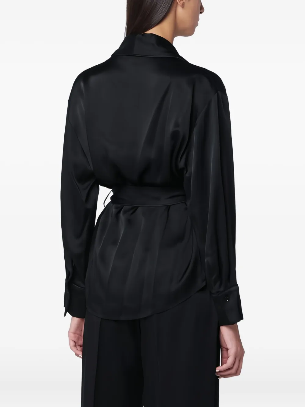 Victoria Beckham Satin Blouse With Belted Waist And Shawl Collar In Black