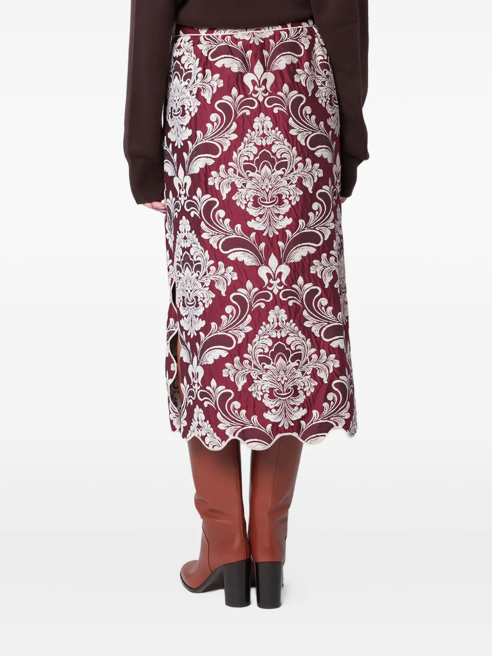 Farm Rio Patterned-jacquard Scallop-hem Midi Skirt In Burgundy