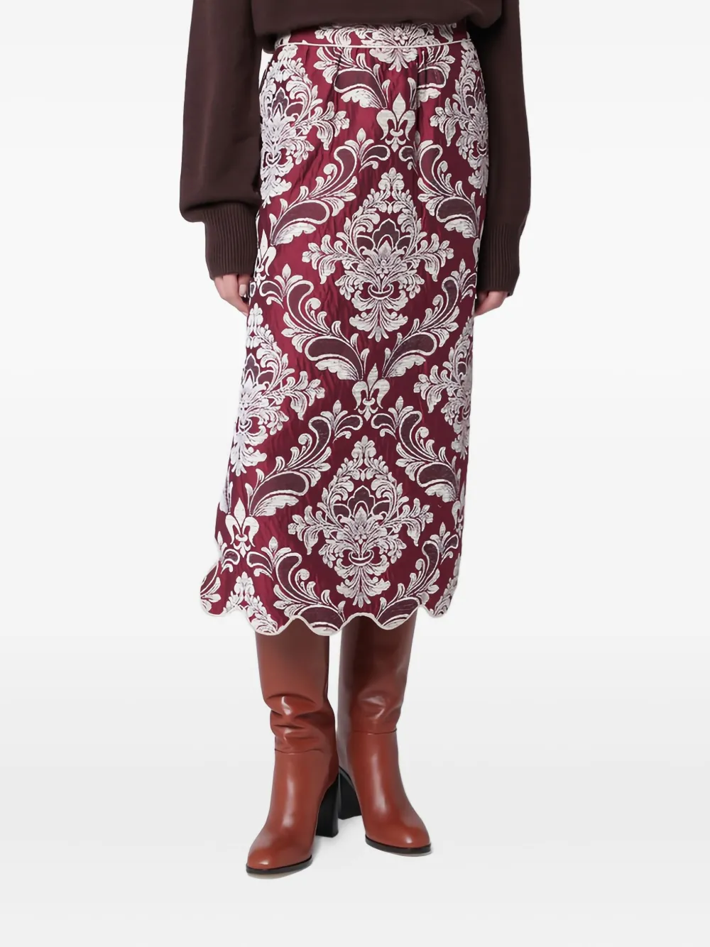 Farm Rio Patterned-jacquard Scallop-hem Midi Skirt In Burgundy