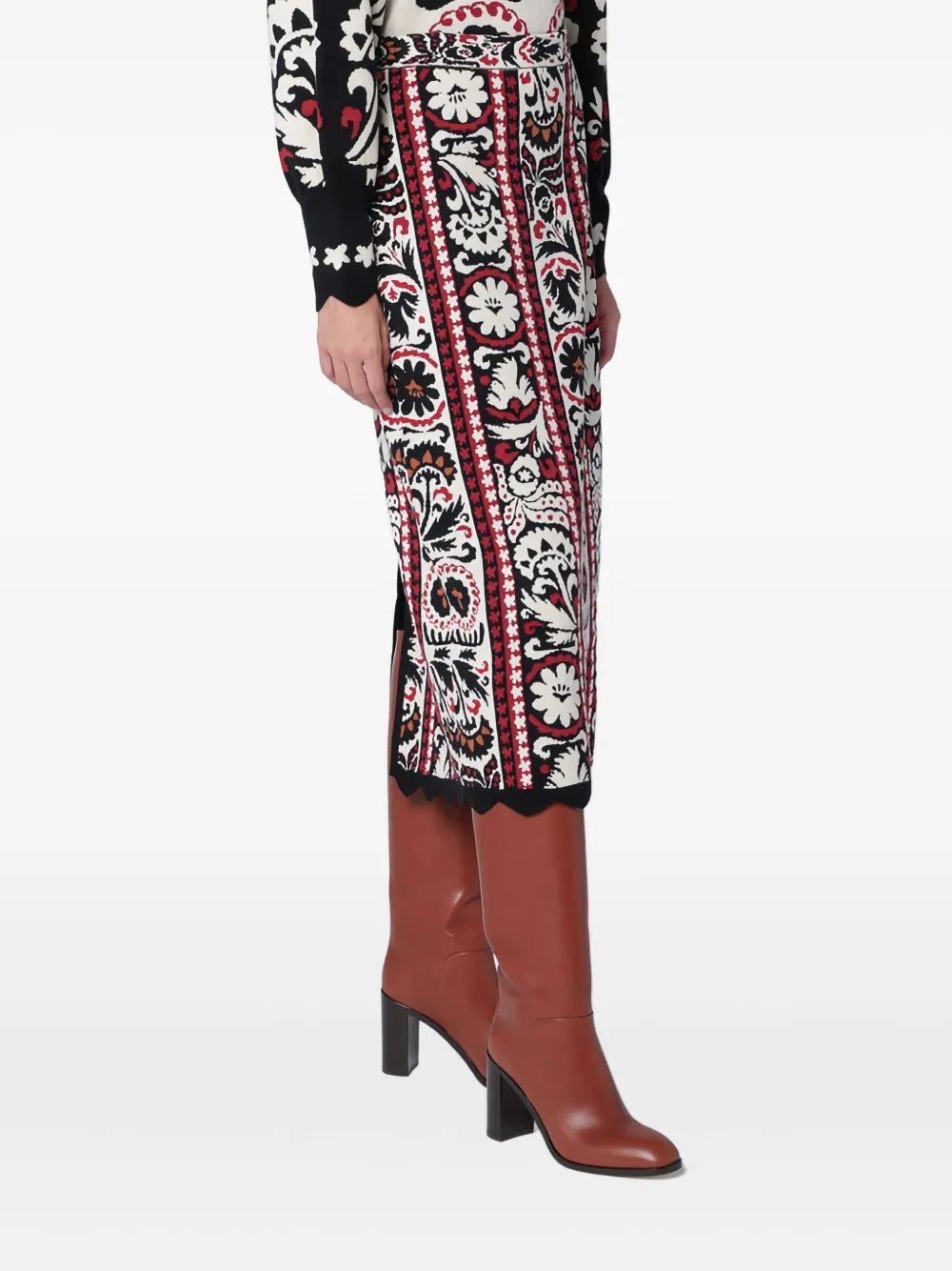 Farm Rio Embroidered Midi Skirt With Scalloped Hem In Red