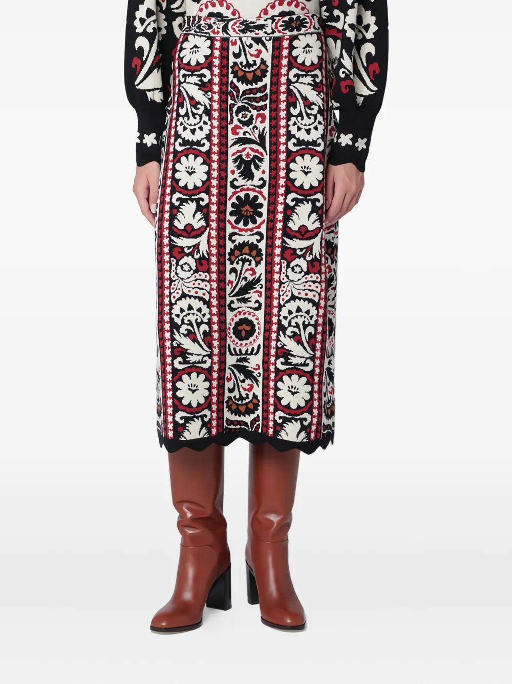 Farm Rio Embroidered Midi Skirt With Scalloped Hem In Red