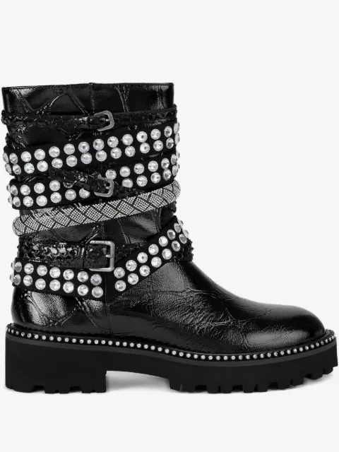 Kurt Geiger London crystal-embellished multi-strap biker boots