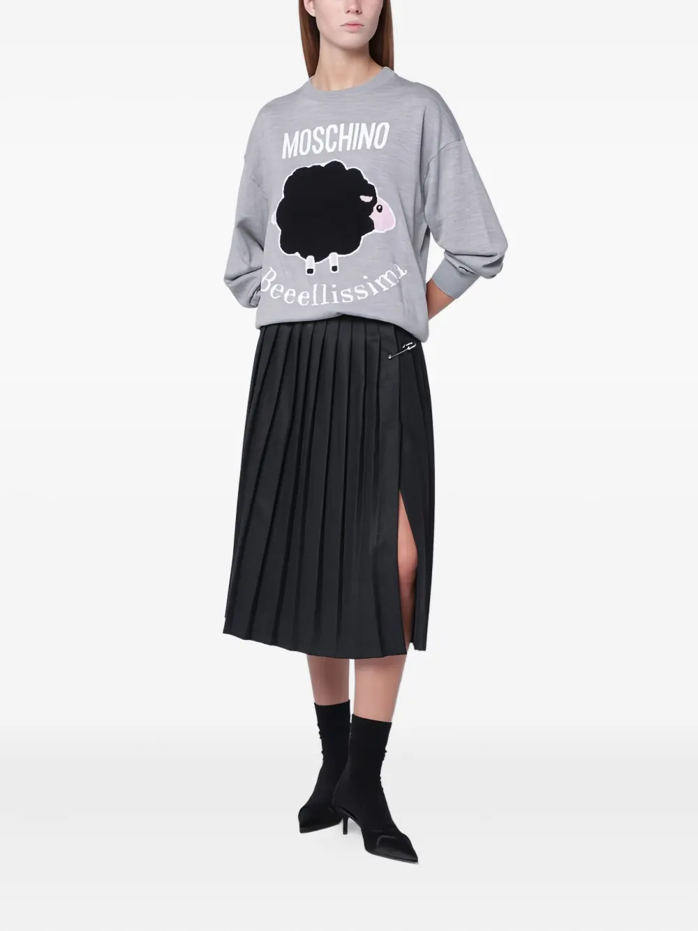 Moschino Grey Wool Sweater With Intarsia Logo In Gray