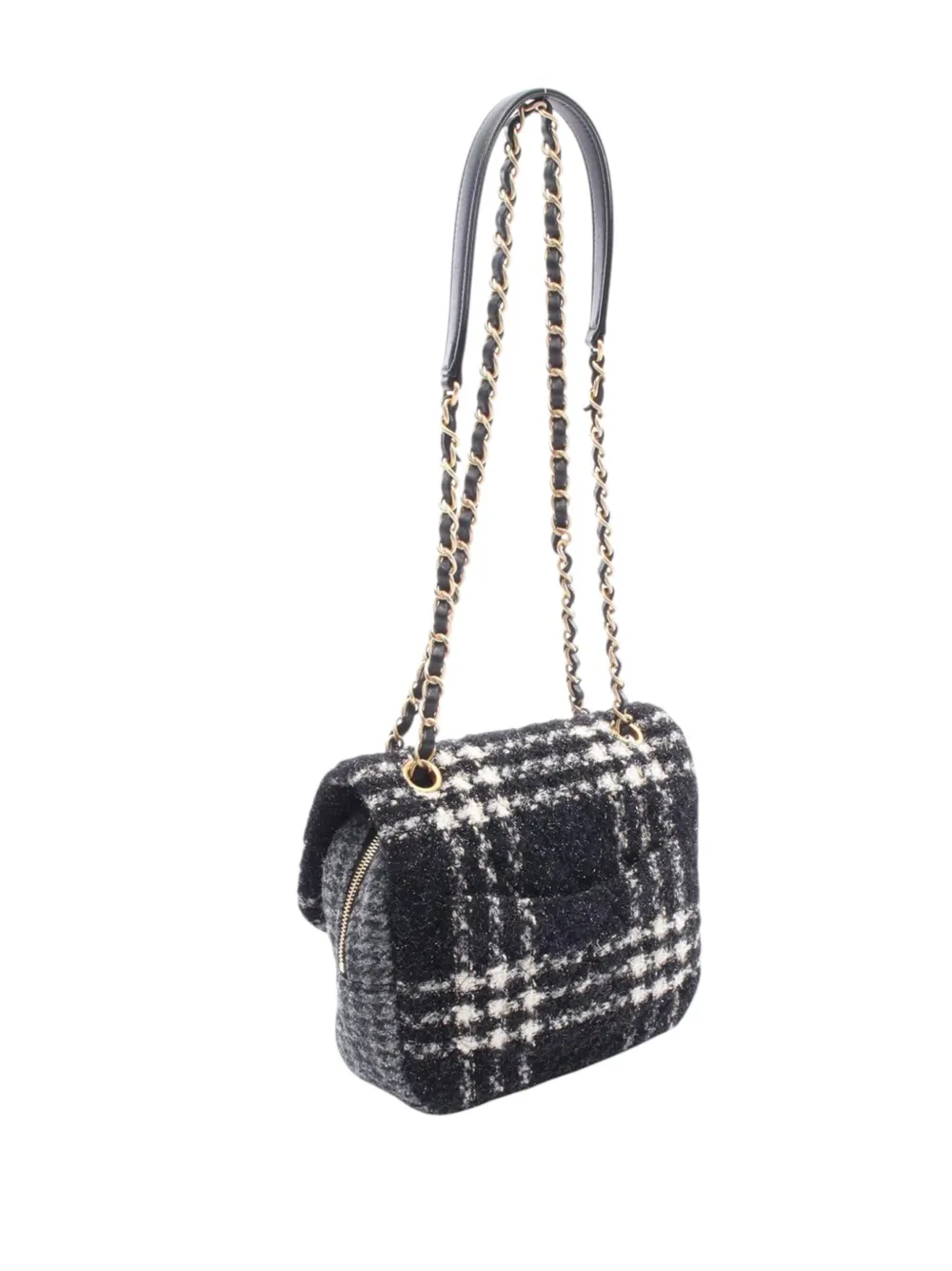 Pre-owned Chanel 2021-2025 Small Cc Wool Tweed Flap Shoulder Bag In Black