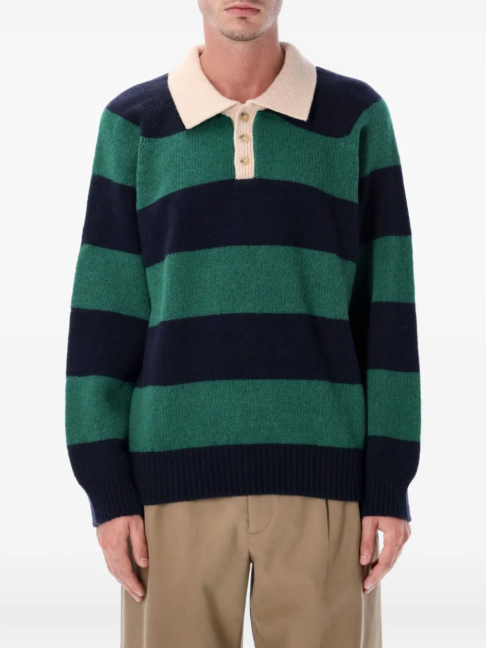 Howlin' striped-pattern long-sleeve polo shirt | Green | Image 1