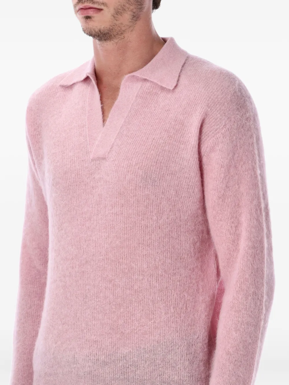 Auralee Ribbed Polo Sweater With Buttoned Placket And Textured Knit In Pink