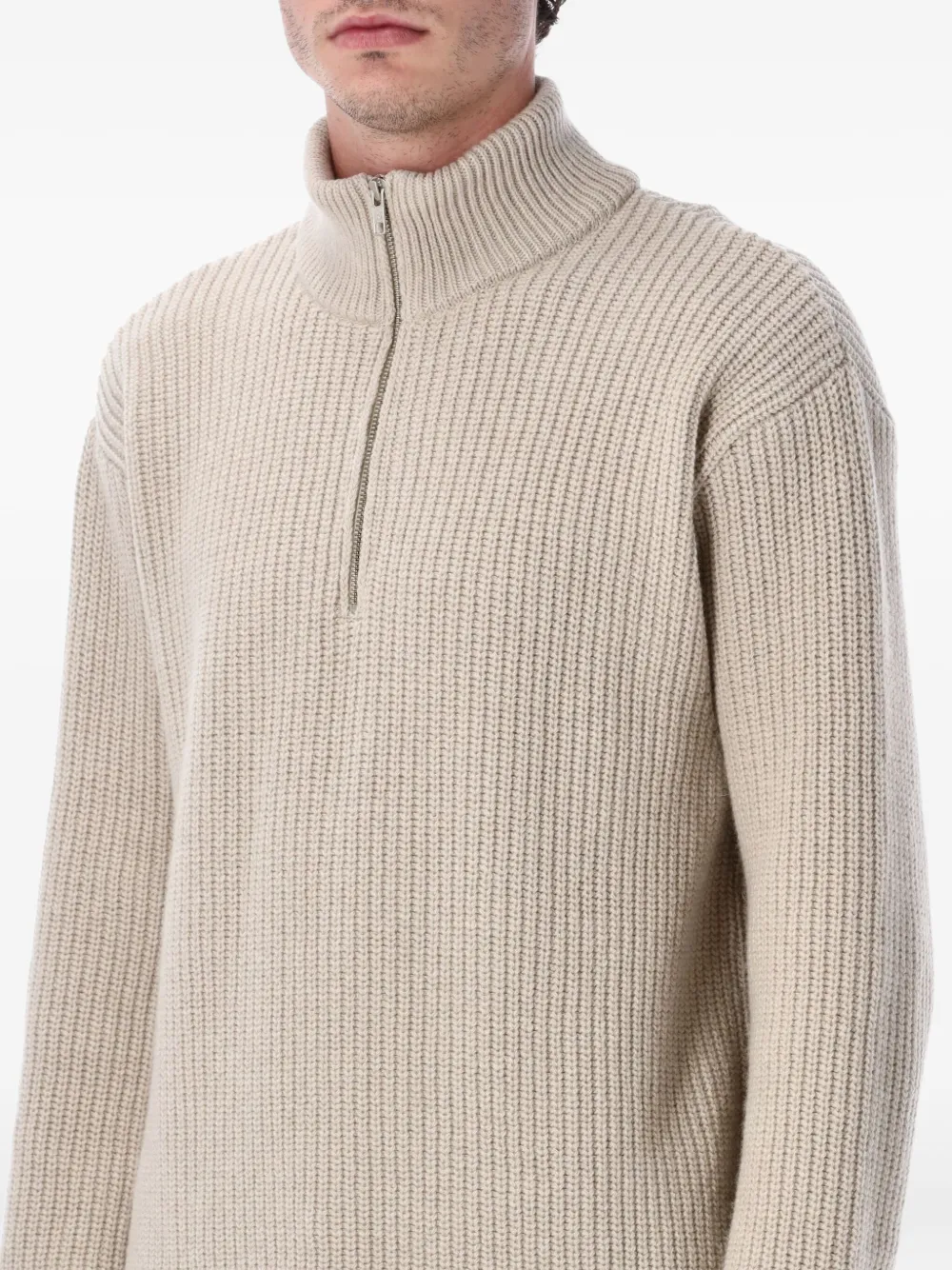 colorful standard Geribbelde trui met halve rits Beige