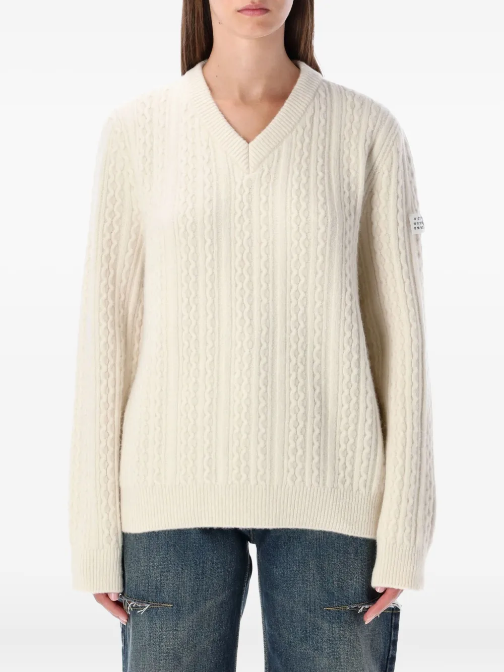 MM6 Maison Margiela cable-knit V-neck sweater - ニュートラル MM6 Maison Margiela cable-knit V-neck sweater - ニュートラル