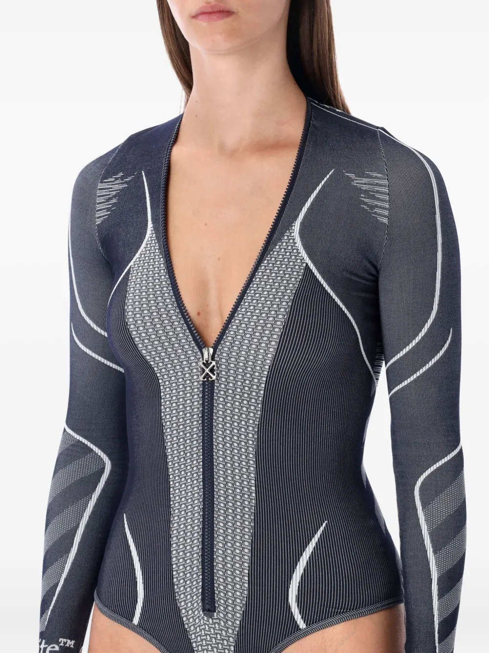 Off-white Diag Seamless Black Long-sleeve Zip Bodysuit In Gray