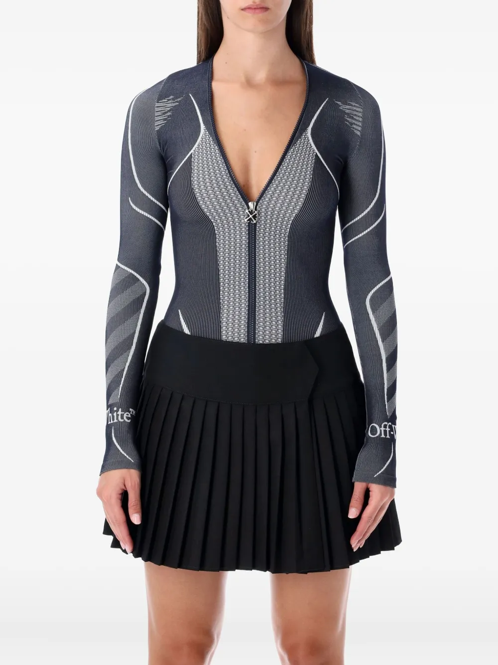 Off-white Diag Seamless Black Long-sleeve Zip Bodysuit In Gray