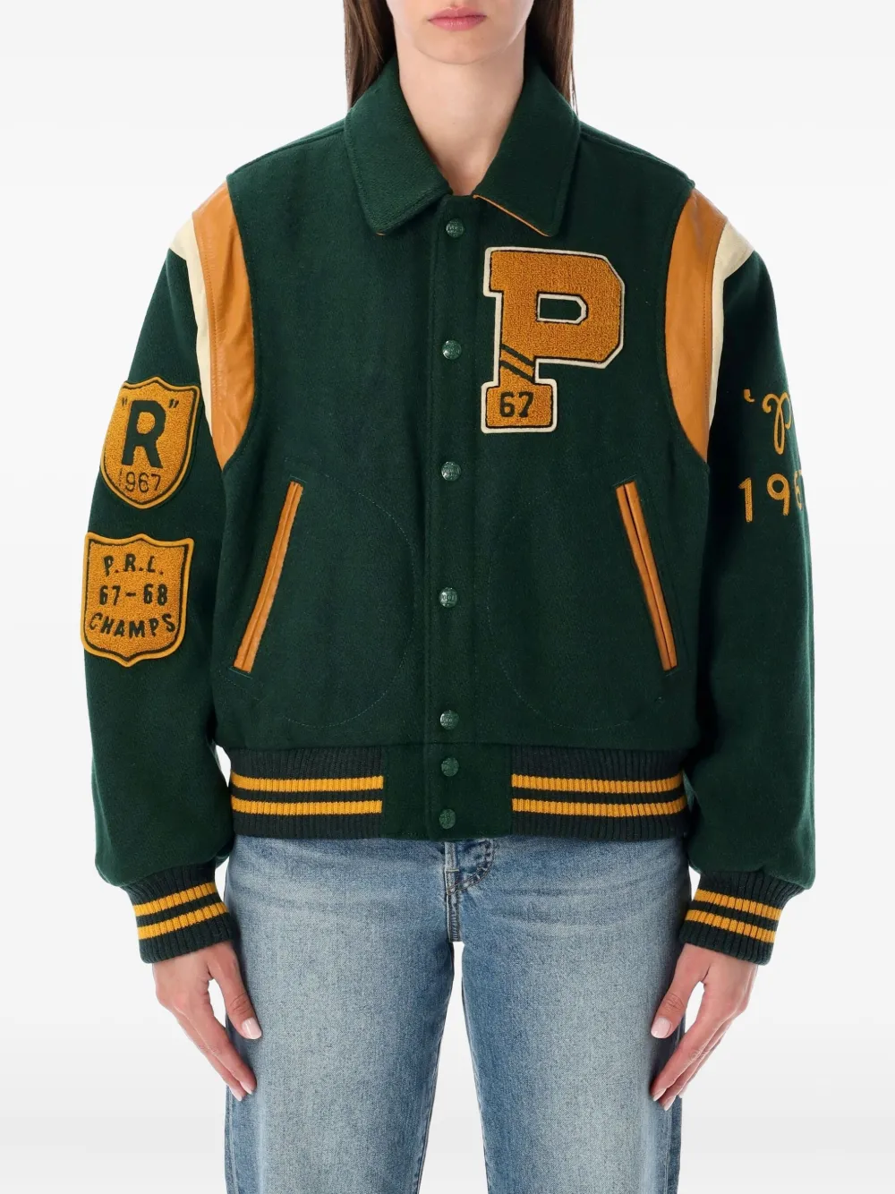 Polo Ralph Lauren Wool Blend Bomber Jacket Featuring Patches In Green