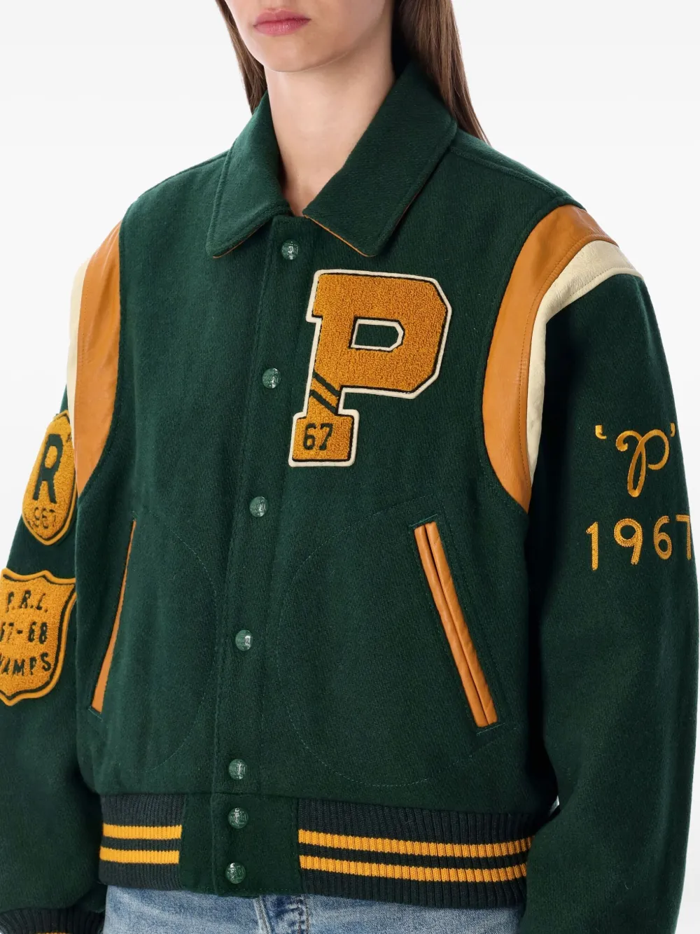 Polo Ralph Lauren Wool Blend Bomber Jacket Featuring Patches In Green