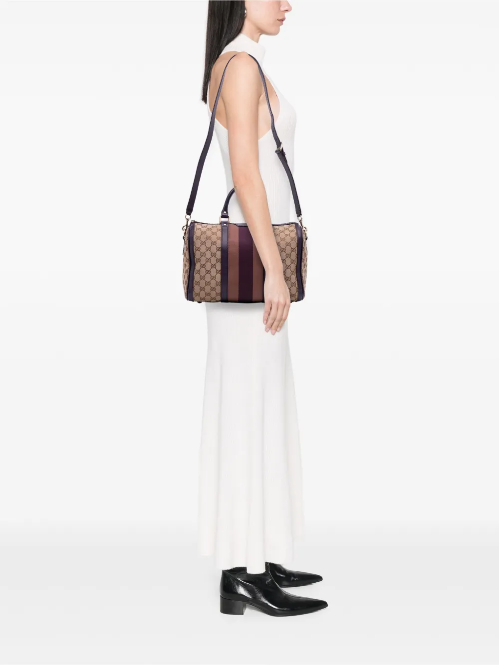 Pre-owned Gucci 2016-2025 Medium Gg Canvas Web Joy Boston Bag Satchel In Brown