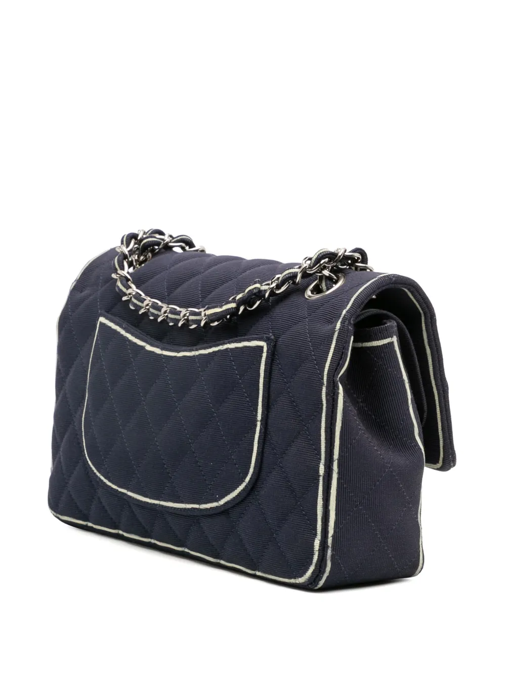 Pre-owned Chanel 2014 Medium Classic Printed Grosgrain Double Flap Shoulder Bag In Blue