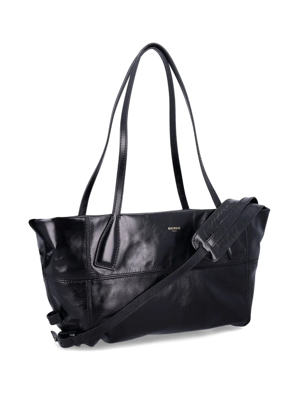Balmain Black Leather Shopper Bag With Shoulder Strap In Black