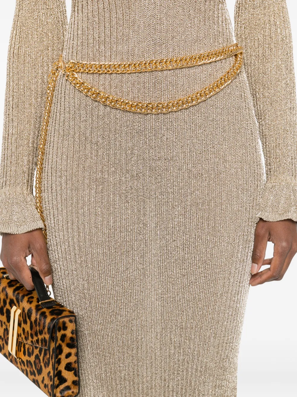 Self-Portrait Geribbelde midi-jurk Goud