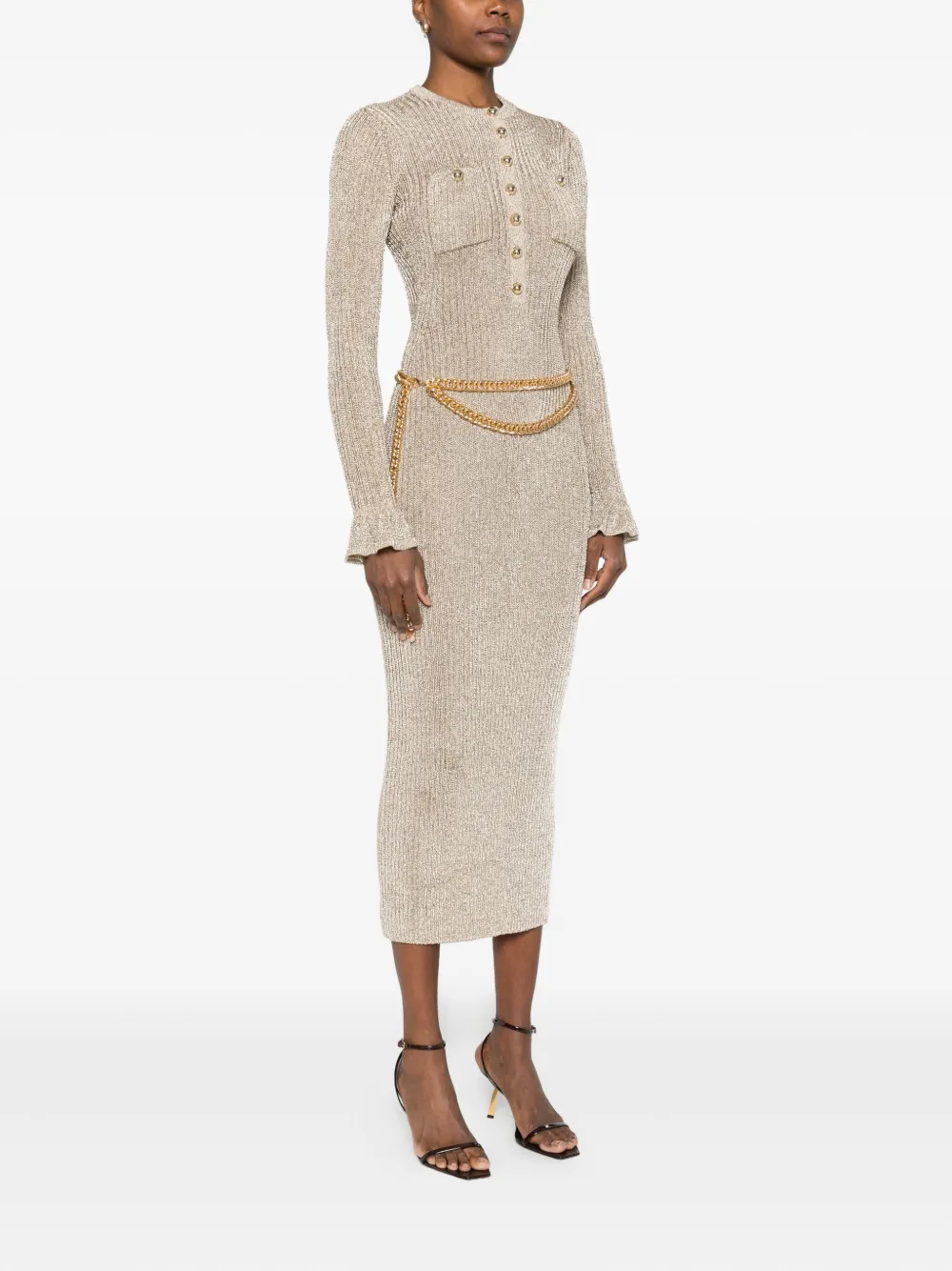 Self-Portrait Geribbelde midi-jurk Goud