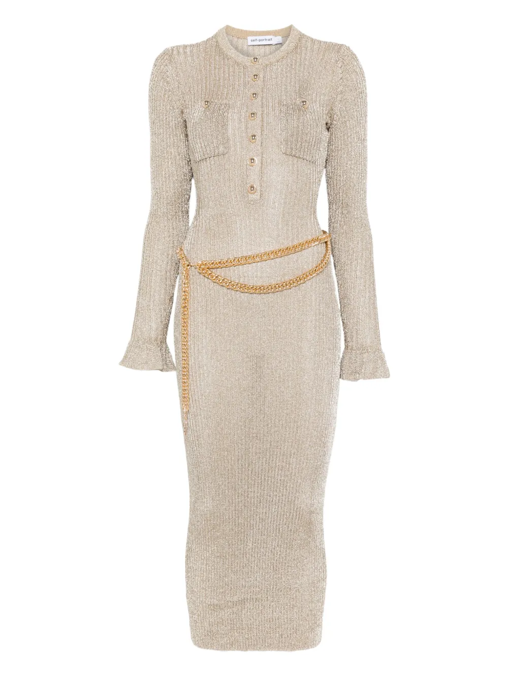 Self-Portrait robe côtelée à coupe mi-longue | or | Image 1