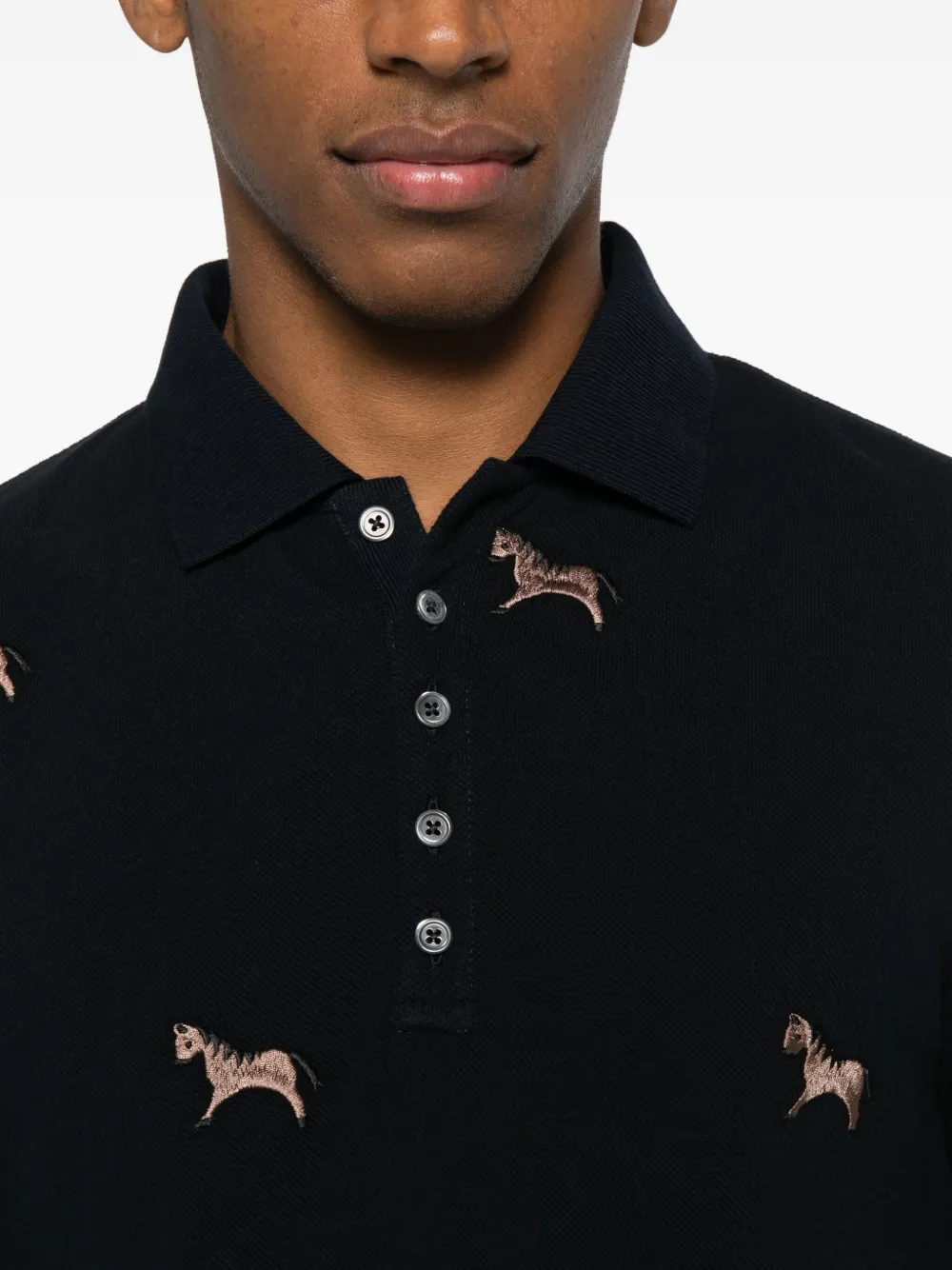Thom Browne Navy Horse Half Drop Embroidery Short Sleeve Polo In Multi