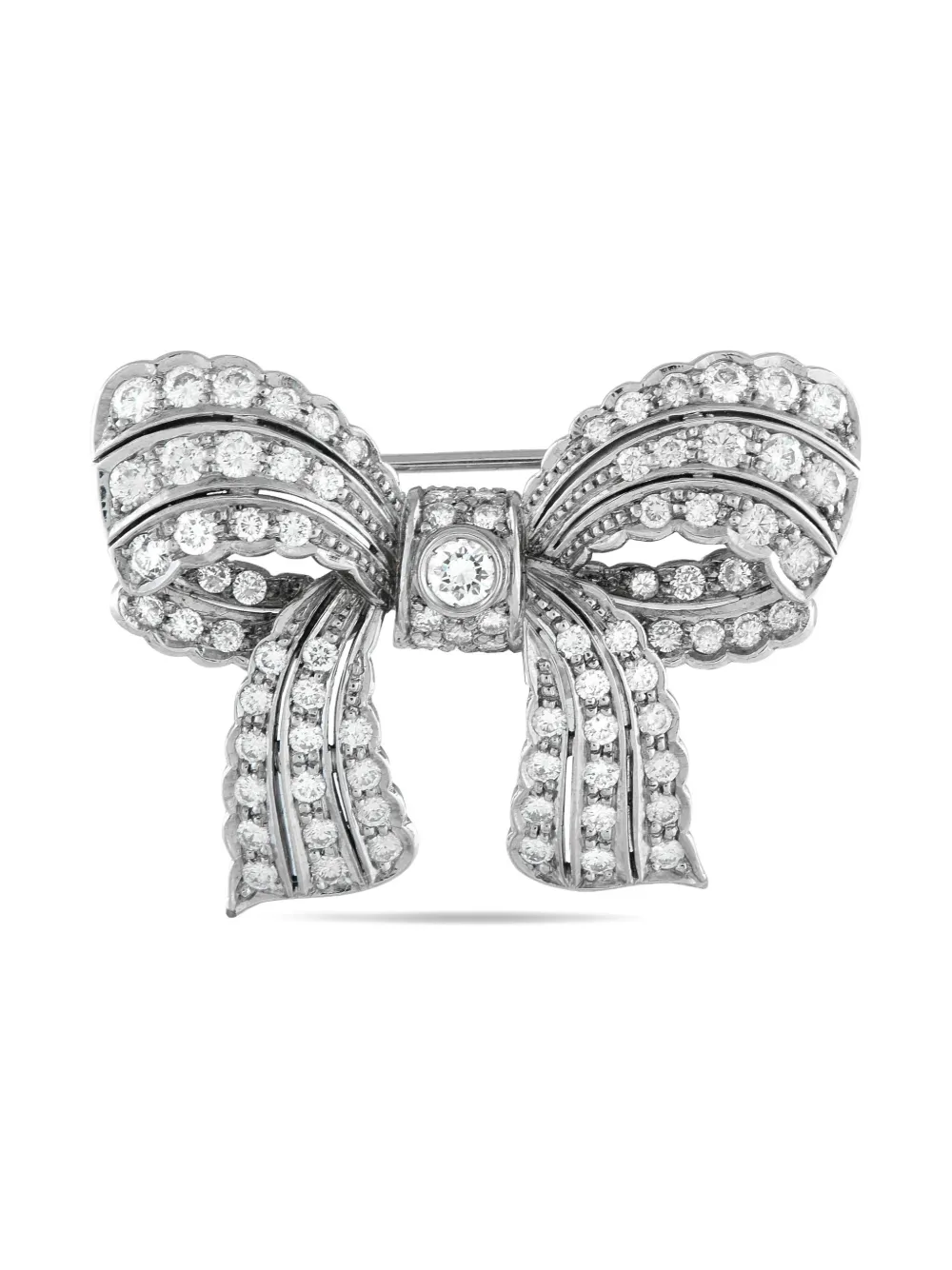 Pre-owned Lb Exclusive 18k White Gold Bow Diamond Brooch In Silver