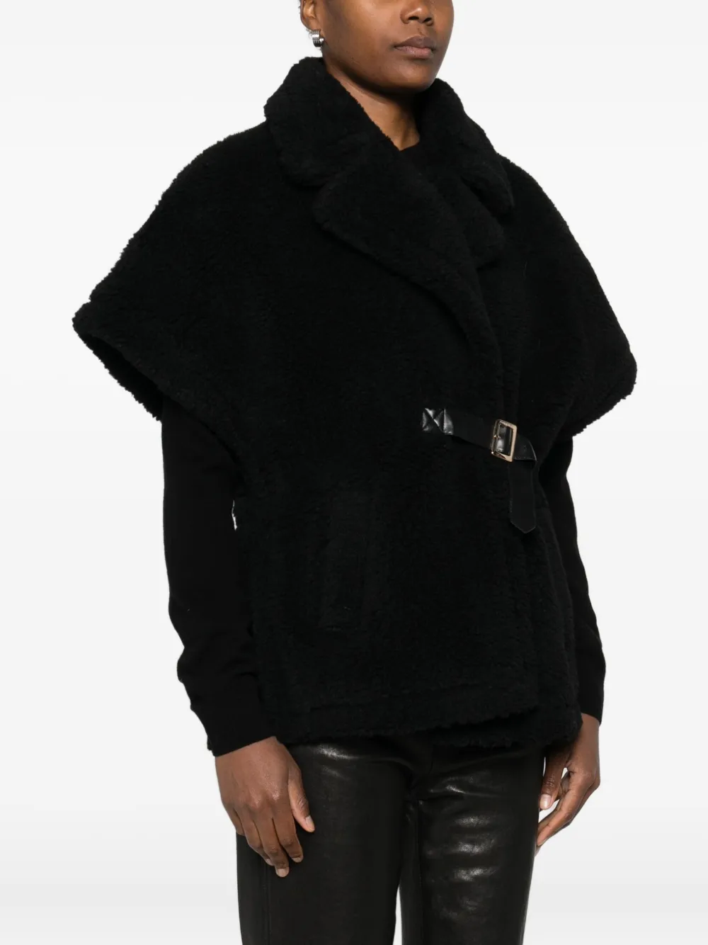 Blugirl Boxy Black Textured Jacket With Wide Collar And Leather Belt In Black