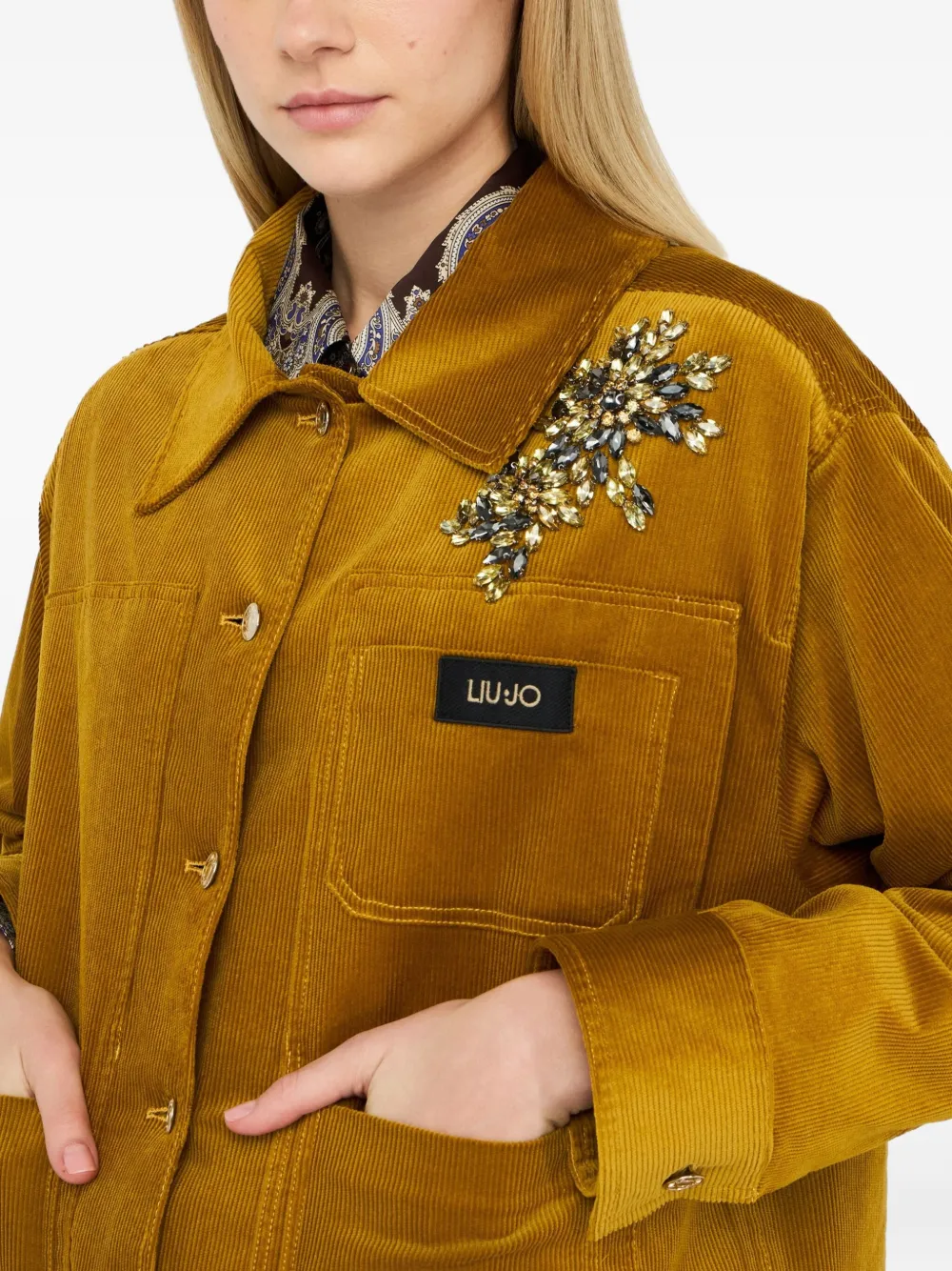 Liu •jo Bejewelled Patch-pocket Jacket In Yellow