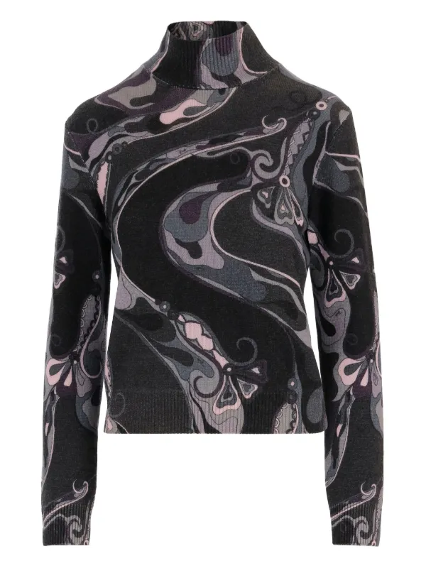 Pucci Orchidee Print High Neck Sweater in Wool in Black