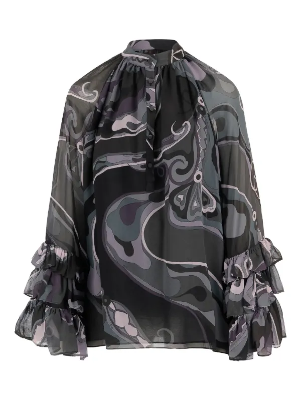 Pucci Orchidee Print Silk Blouse in Black
