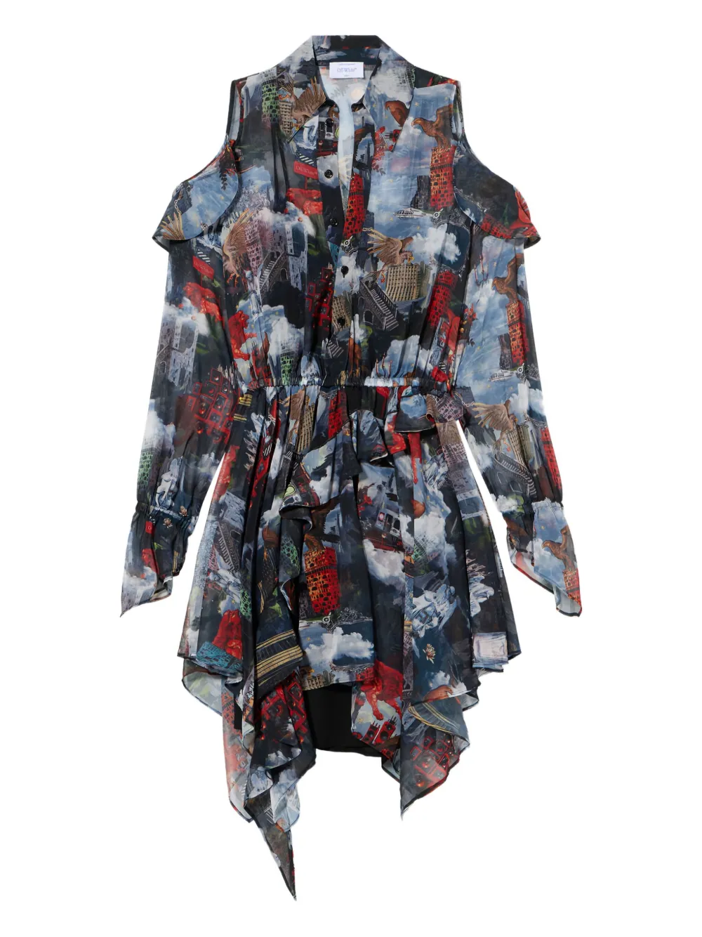 Off-white World Paint Geo Ruffled Asymmetric Mini Dress In Blue