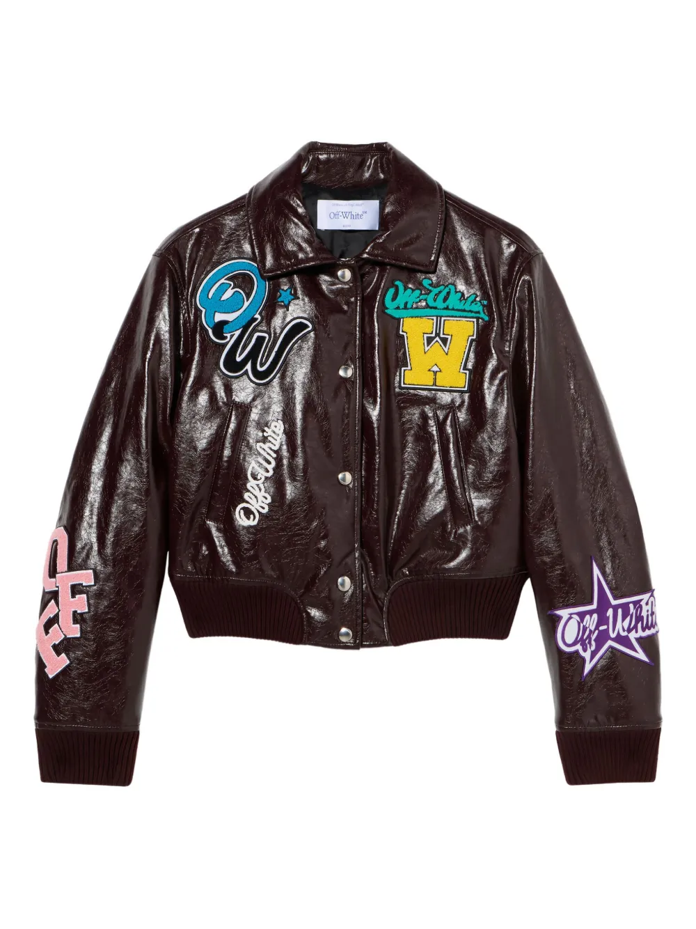 Off-white Crinkled Coated Varsity Jacket In Brown