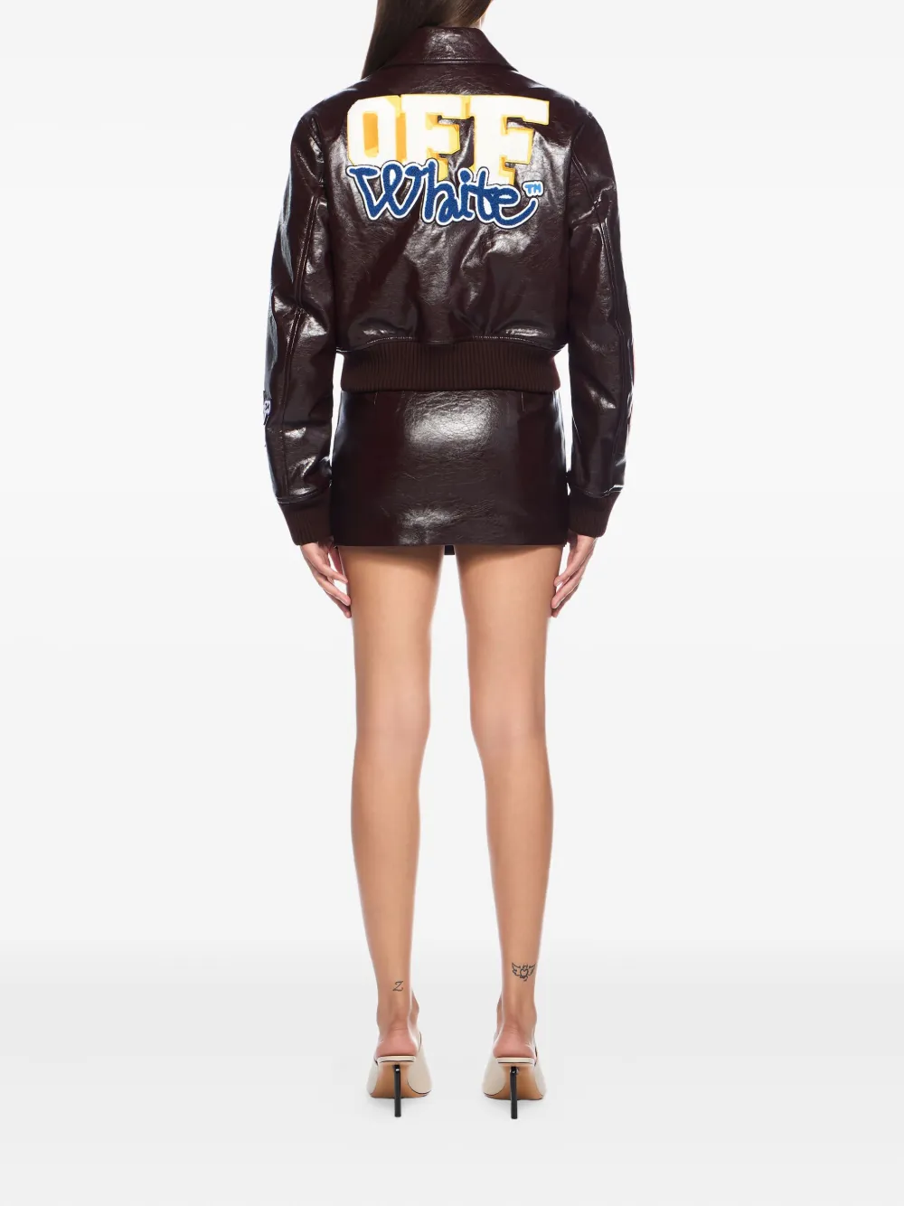 Off-white Crinkled Coated Varsity Jacket In Brown