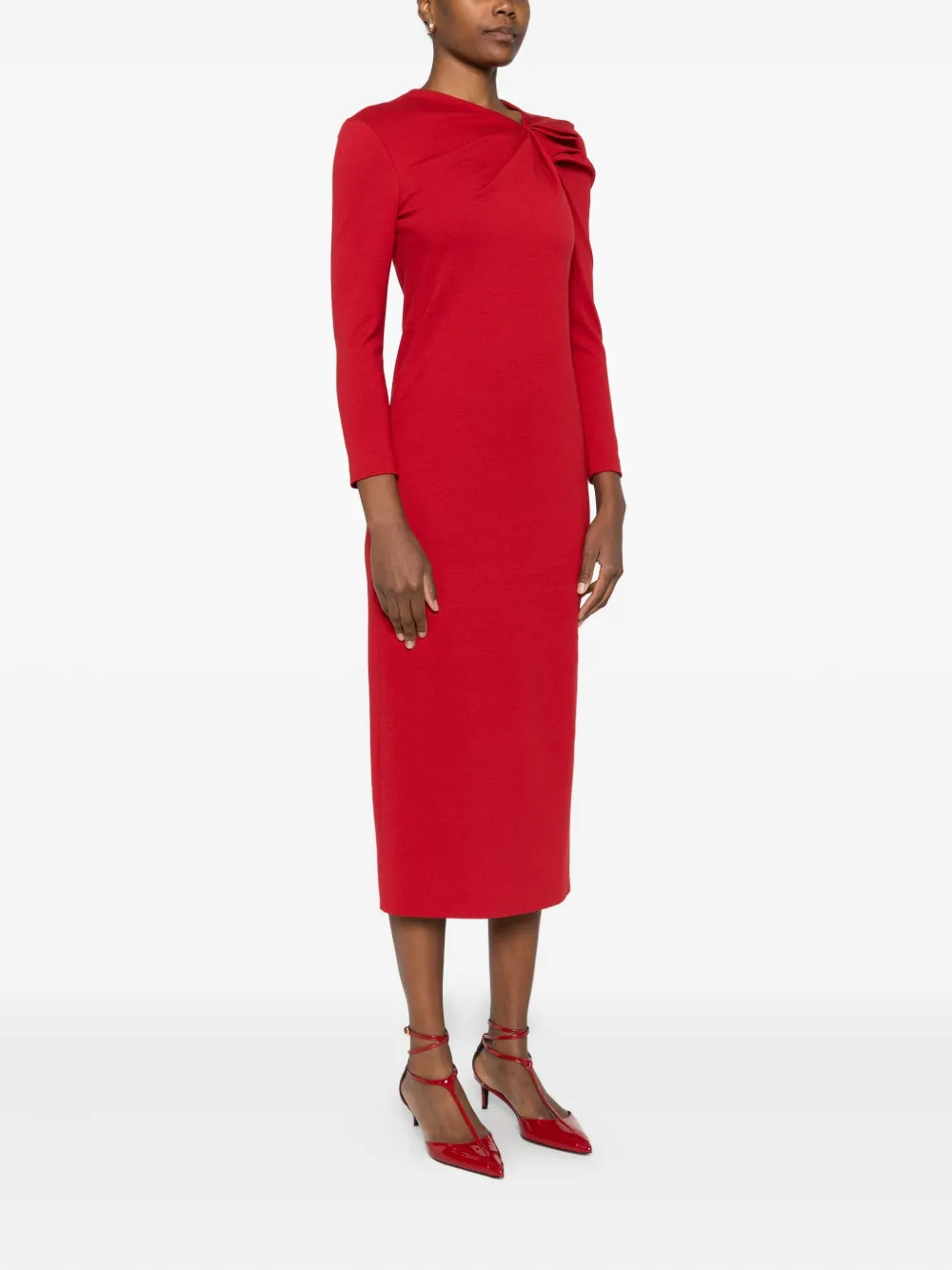 Emporio Armani Asymmetric Neckline Long Sleeve Midi Dress In Red