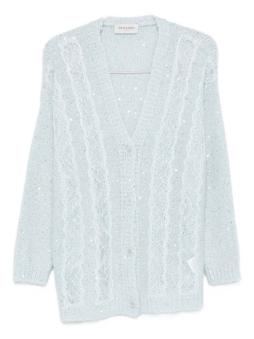 Ermanno Firenze Cable Knit Cardigan With Lace And Sequins In Blue