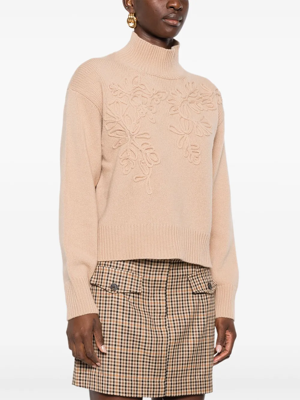 ERMANNO FIRENZE Trui met hoge hals en bloemdetail Bruin