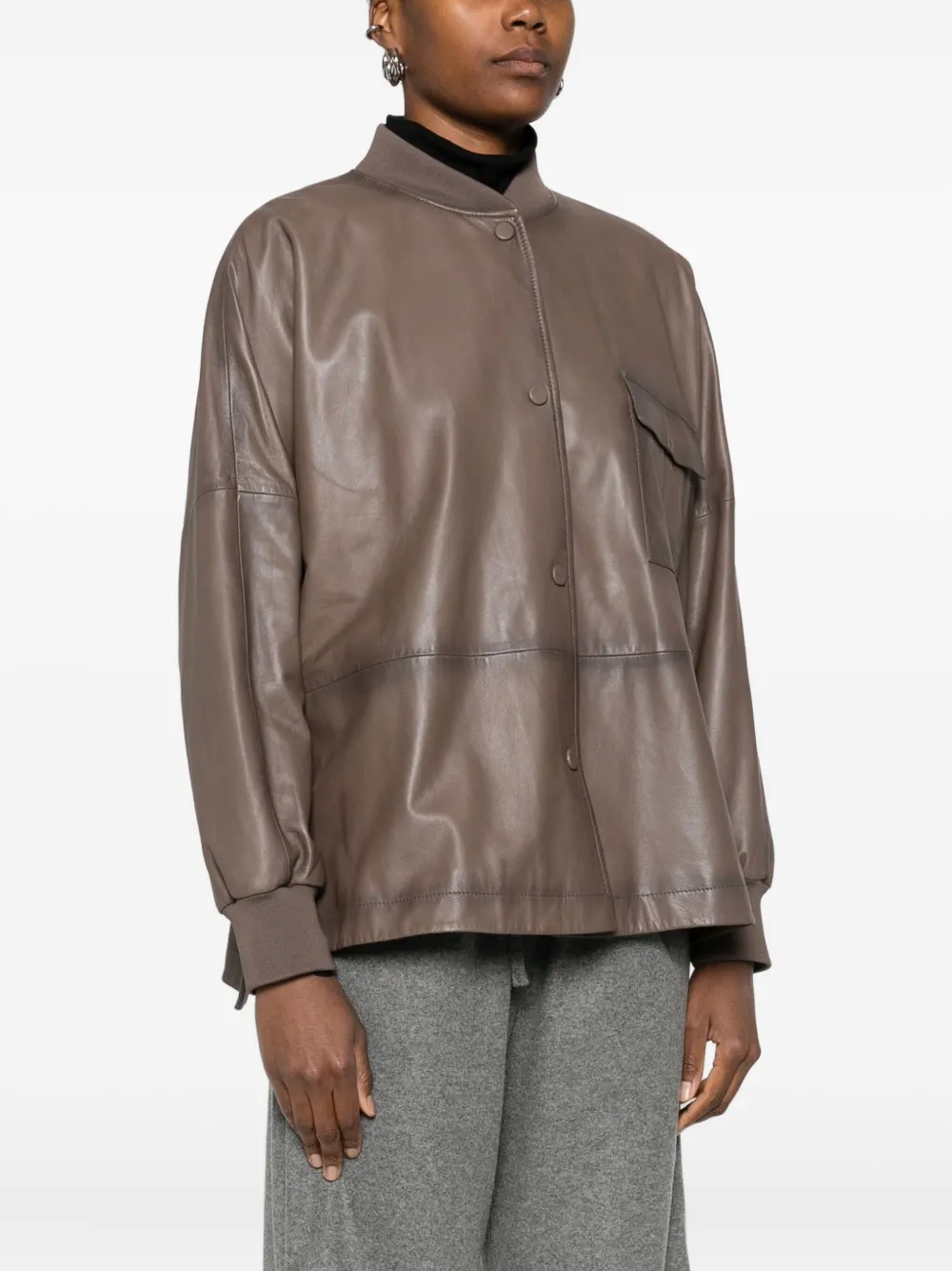 Emporio Armani Long Sleeve Leather Jacket Chest Pocket In Brown