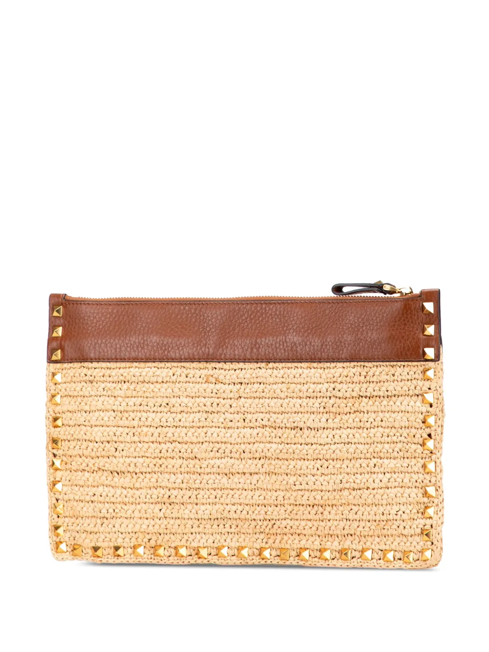 Pre-owned Valentino Garavani 2000-2017 Large Raffia Rockstud Zip Pouch Clutch Bag In Brown