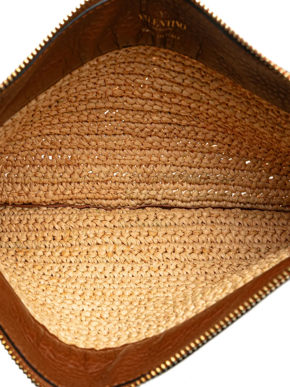 Pre-owned Valentino Garavani 2000-2017 Large Raffia Rockstud Zip Pouch Clutch Bag In Brown